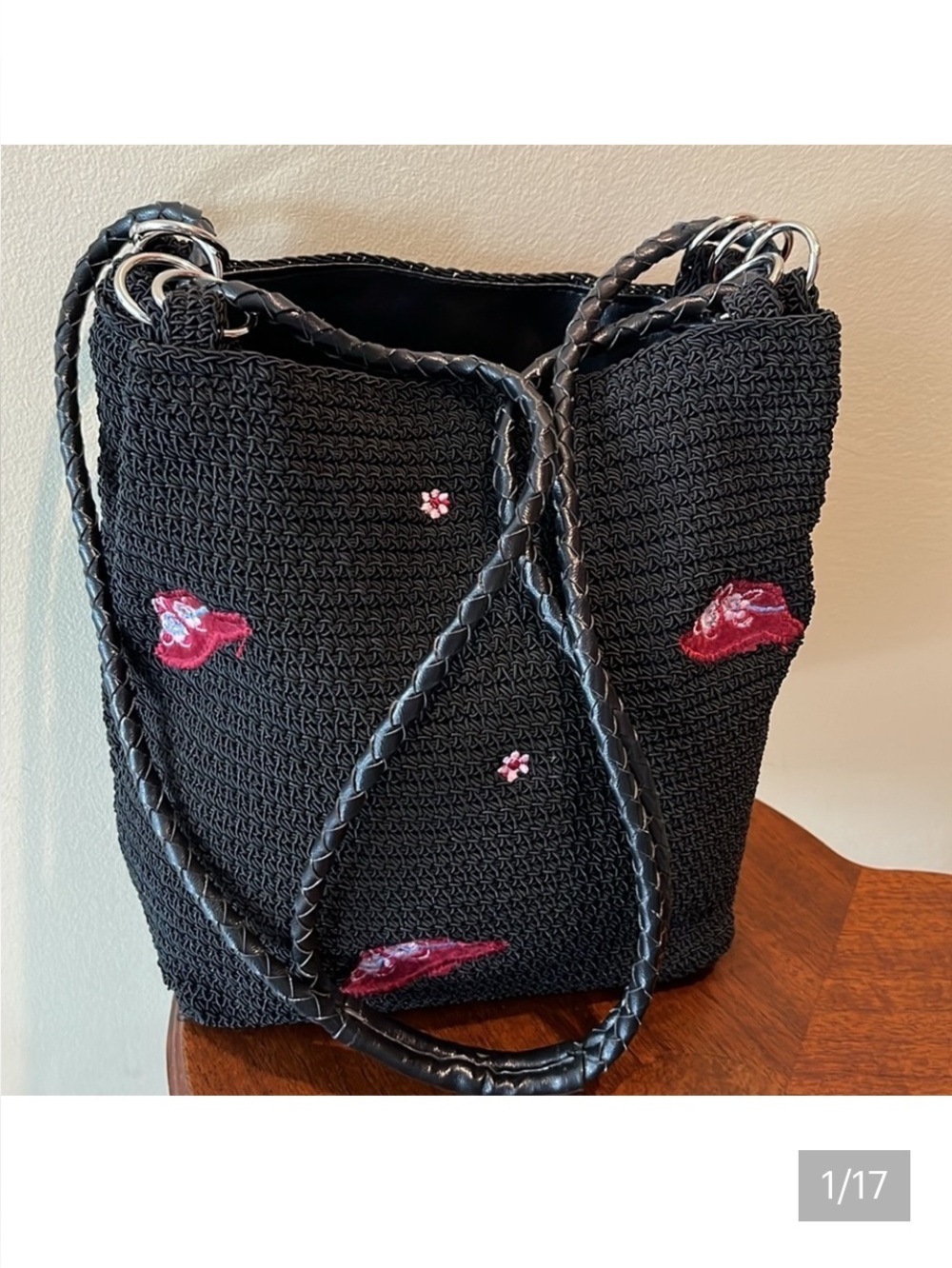 Crocheted bag black / red velvet hat /white lt. Blue Red flower appliqué 3 comp